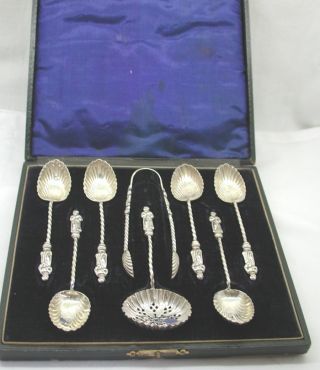 Magnificent Antique Cased Solid Silver Apostle Spoons,  Strainer,  And Tongs. photo
