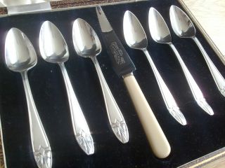 Stunning Solid Set Of Six Spoons And Grapefruit Knive,  Epns Plate Boxed photo