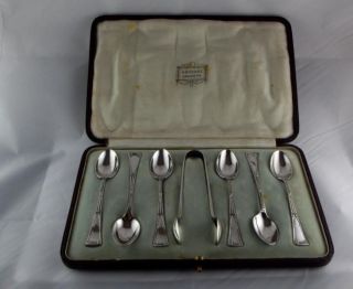 Harrods Vintage Fitted Case With 6 Silver Spoons & Tongs.  F/h Sheffield 1916 photo