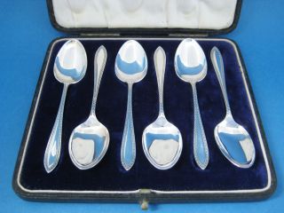 6 English Art Deco Solid Sterling Silver Teaspoons 1930 Cased & Unpersonalised photo