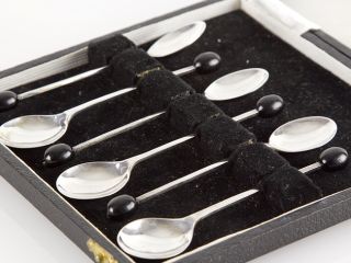 Sterling Silver Boxed Set Of 6 Coffee Bean Spoons 1960 photo
