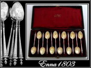 Antique French Sterling Silver Tea Spoons Set 12pc Box photo
