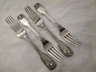 Set Of 4 Victorian Silver Fiddle,  Thread & Shell Dessert Forks London 1838 photo