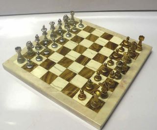 Sterling Silver Chess Set With Stone Inlaid Playing Board 1975 photo