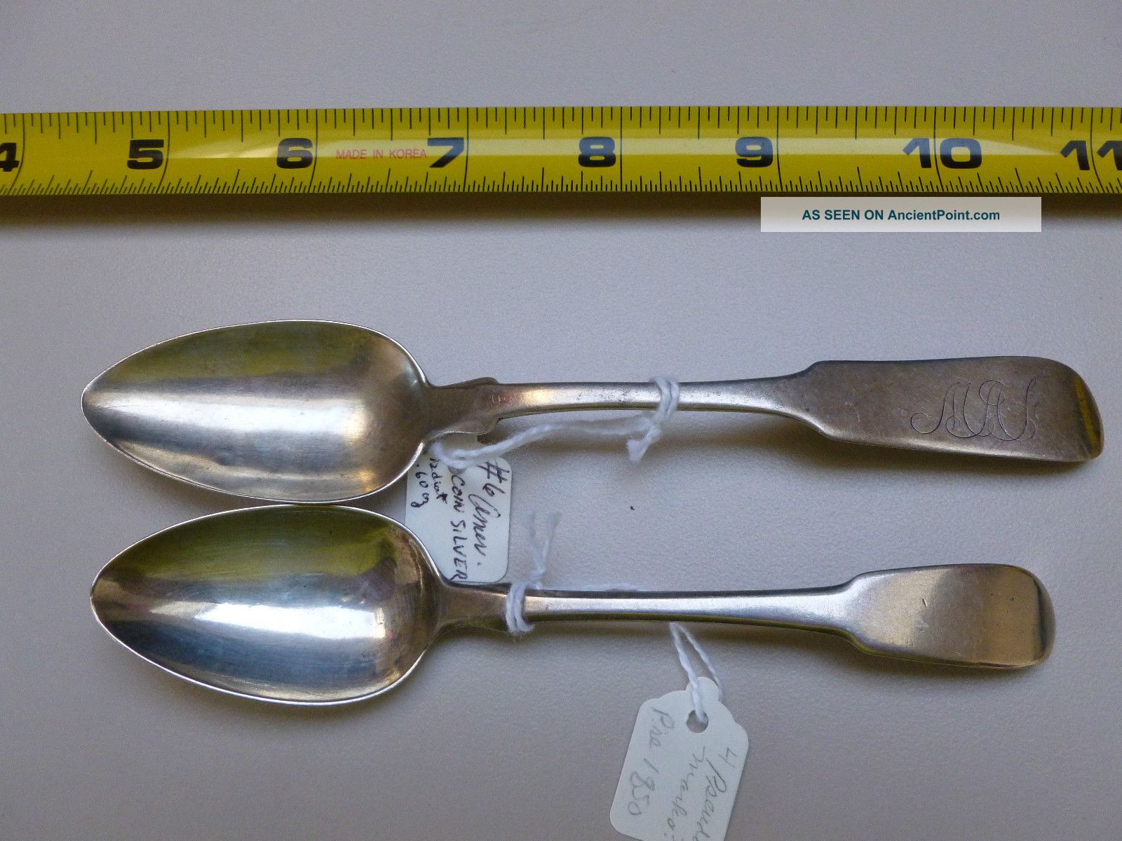 2 Antique American Coin Silver Spoons,  1 By S.  Baker Coin Silver (.900) photo