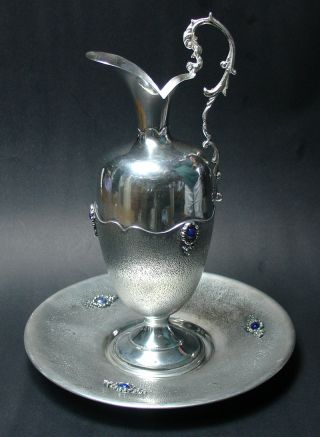Lovely Silver 800 Pitcher & Plate With Stones photo