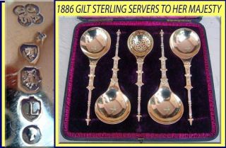 Antique Victorian Serving Set Gilt Silver English 5pcs In Fitted Box To Hm (725) photo