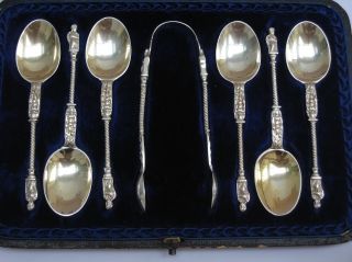 Victorian Cased Set Of English Sterling Silver Apostle Spoons & Tongs Gold Gilt. photo