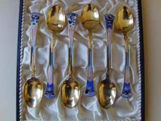 Box 6 Aksel Holmsen Norway Gilded Sterling Silver Enamel Scenic Spoons 925s photo