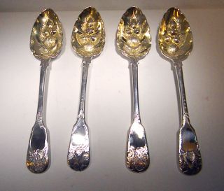 Set Of 4 Sterling Silver Large Fruit Spoon With A Embossed Picture Of Fruits photo