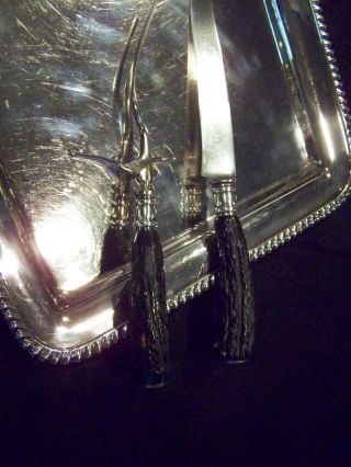 Traditional Stag Sterling Silver / Steel Blade Carving Serving Fork Knife Set photo
