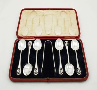 Antique Silver Spoons Set Of 6 & Tongs Pierced Floral Terminals Cased Sheff 1907 photo