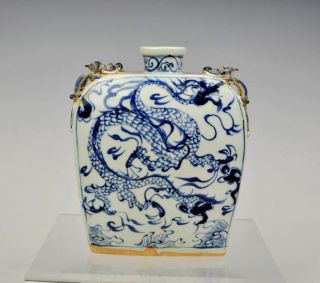 Antiques Chinese Blue And White Porcelain Flat Vase Dragon Design photo