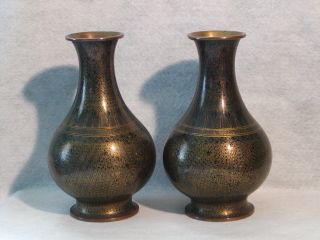 Pair 2 Large Vintage Chinese Cloisonne Vase Black Monochrome Old Brass Scroll photo