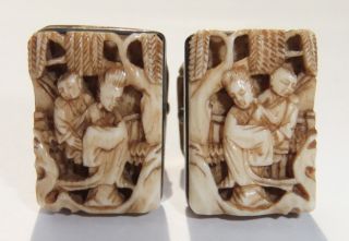 Vintage Antique Chinese Scenic Carved Ox Bone & Sterling Silver Cufflinks photo