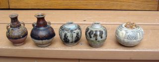 Antique Five Asian 15c Sawankhalok Pottery Jar Vessel Vase Box photo