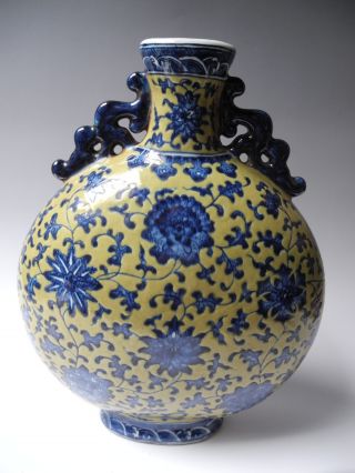 Chinese Blue & White Yellow Porcelain Flat Vase photo