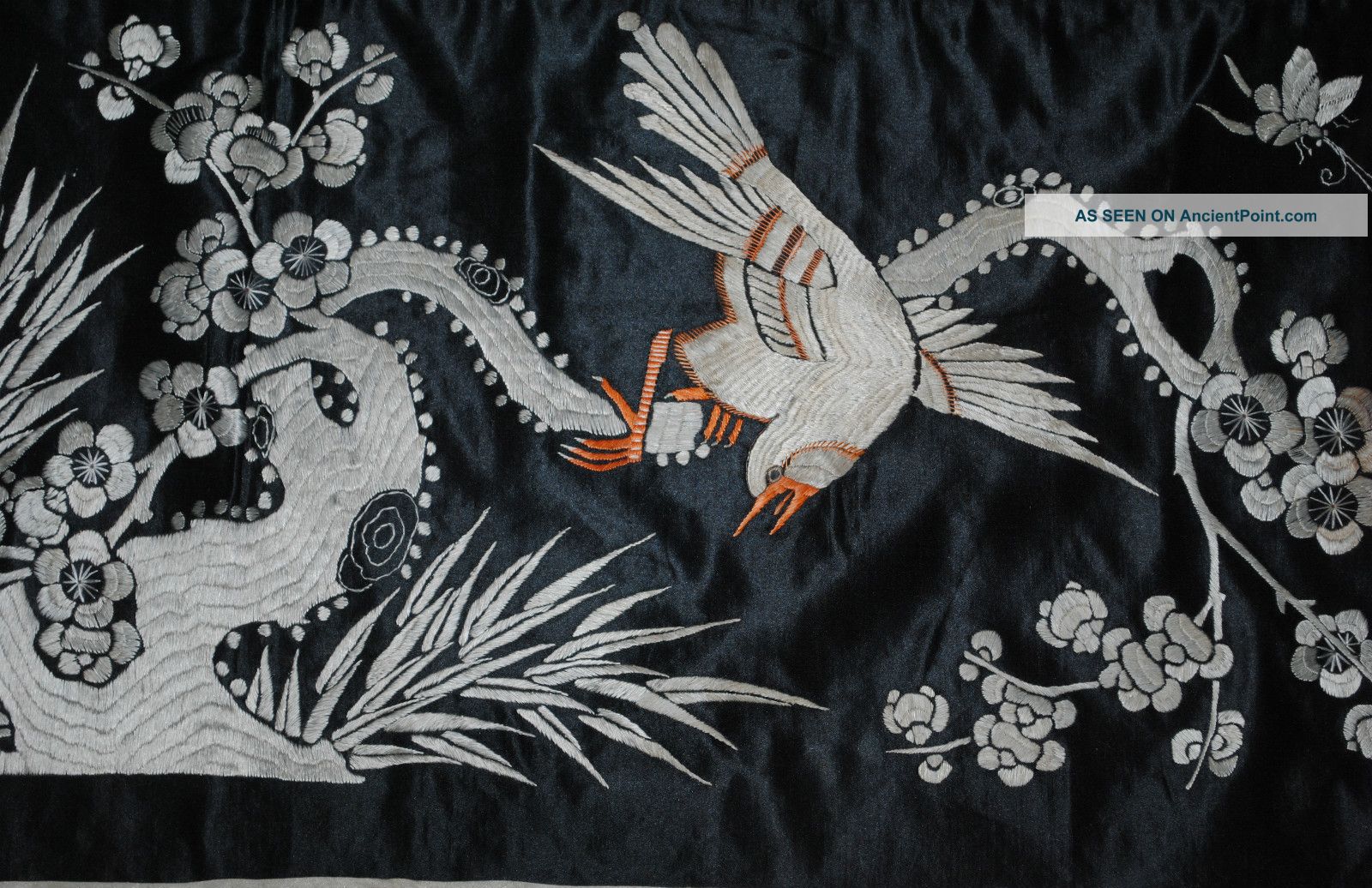 Antique Chinese Black Silk Embroidered Cover Panel Bird Flowers Embroidery Qing Robes & Textiles photo