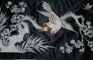 Antique Chinese Black Silk Embroidered Cover Panel Bird Flowers Embroidery Qing photo