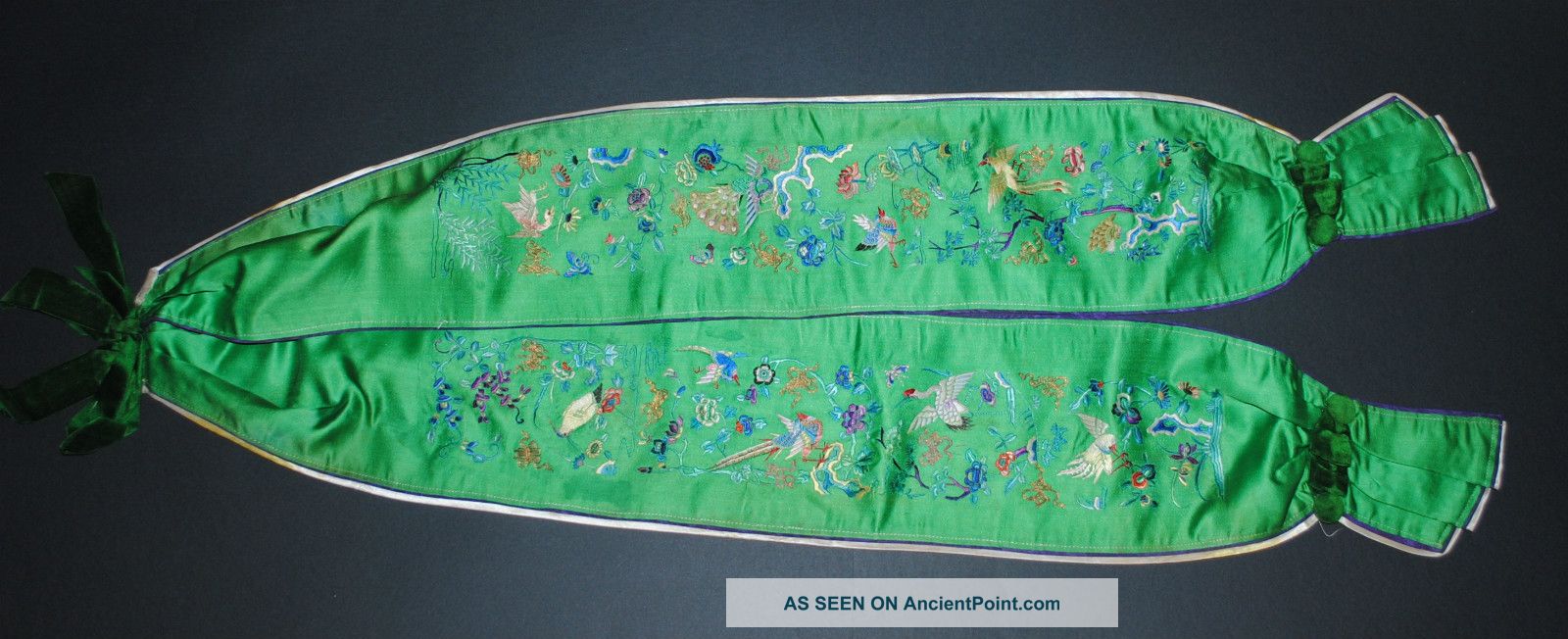 Antique Chinese Silk Embroidered Band Paradise Birds Embroidery Gold Threads Robes & Textiles photo