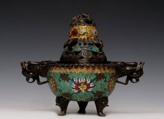 Chinese 18th C Bronze Enamel Censer Insence Burner With Cover Marked Exp16 photo