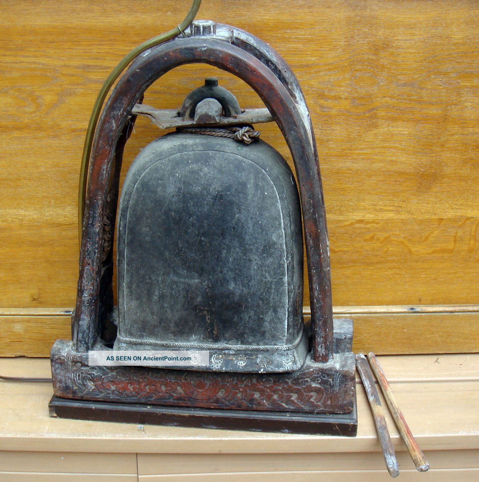 Very Old Antique Asian Chinese Tibet Bronze Wood Bell On Hand Carved Wood Stand Unknown photo