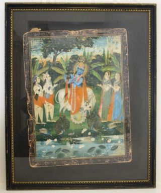 Antique Watercolor Painting Of Buddhism Hindu God Krishna W/ Flute Nr photo