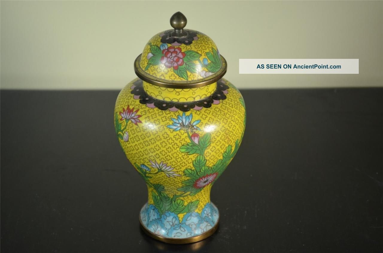 Chinese Yellow Bronze Cloisonne Vase W/ Lid 20th Century Vases photo