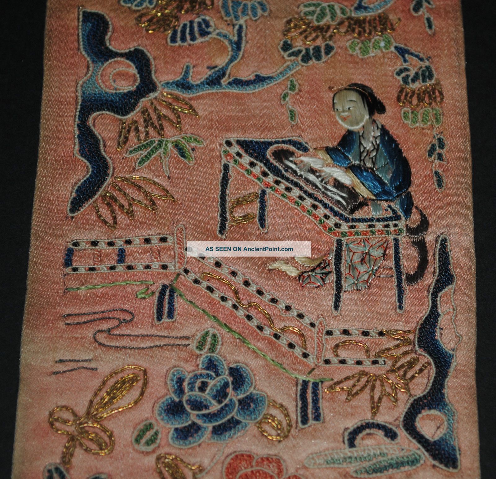 Antique Chinese Silk Embroidered Textile Band Figural Embroidery Gold Threads Robes & Textiles photo