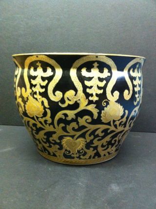 Antique Chinese Gold On Black Ground Fish Bowl Vase Planter & Qing Qianlong Mark photo
