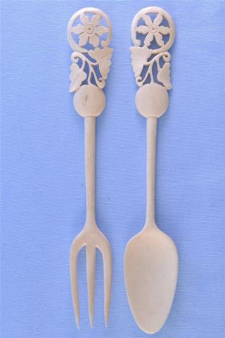 Antique Chinese Export Carved Bone Fork & Spoon C1900 photo