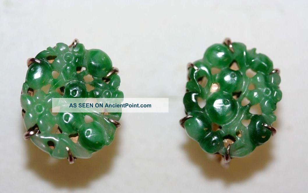 Antique Art Deco Chinese 14k Gold Rich Green Jadeite Jade Screw Backs Earrings Other photo