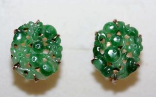 Antique Art Deco Chinese 14k Gold Rich Green Jadeite Jade Screw Backs Earrings photo