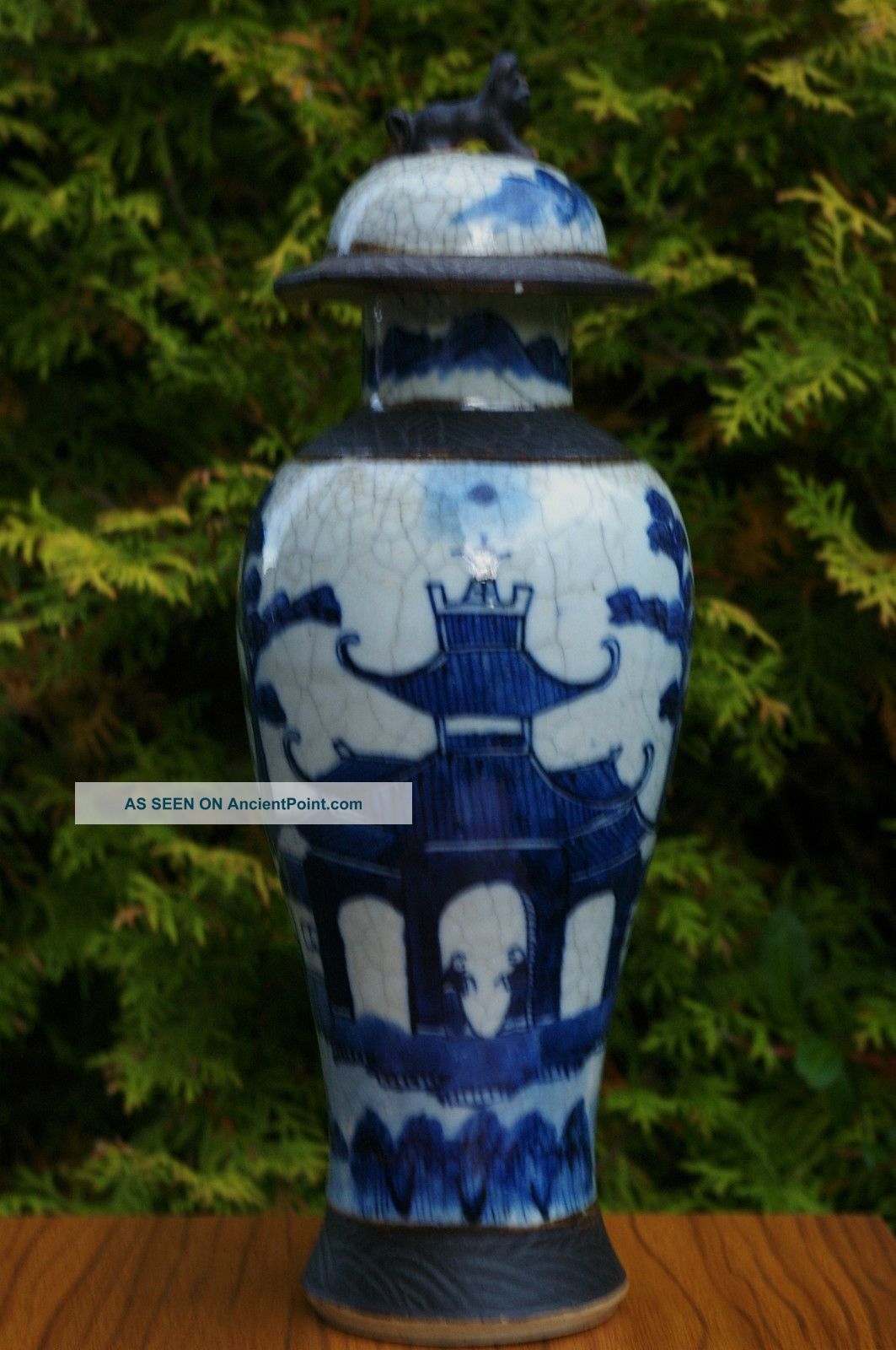 Antique (32cm) Chinese Crackle Glaze Blue & White Lidded Vase - With Mark Vases photo