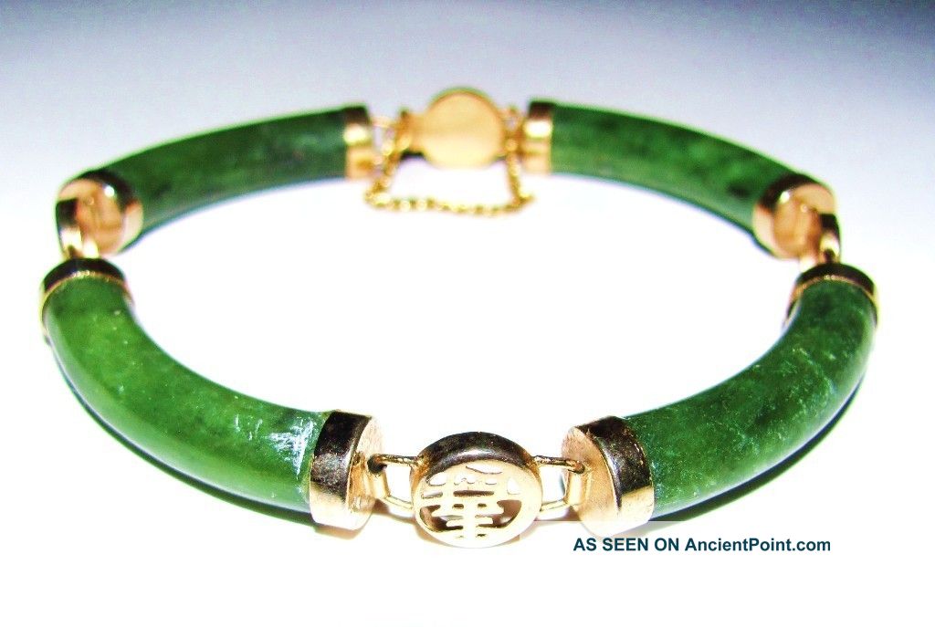 Stunning Vintage Chinese Art Deco Gold Gilded Spinach Jade Bracelet Cat Resq Bracelets photo