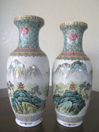 Older Famille Rose Chinese Vases Mountain And Lake Scene Pair Of Two Signed photo