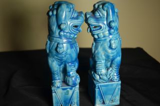 Pair Chinese Turquoise/blue Glazed Porcelain Foodog/fu Lion photo