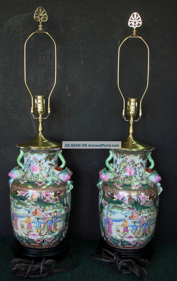 Gorgeous Pair Chinese Rose Medallion Lamps Vases photo