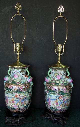 Gorgeous Pair Chinese Rose Medallion Lamps photo