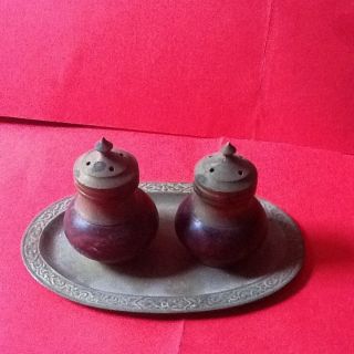 Antique Brass & Wood Salt & Pepper Shaker Set On A Mini Tray photo