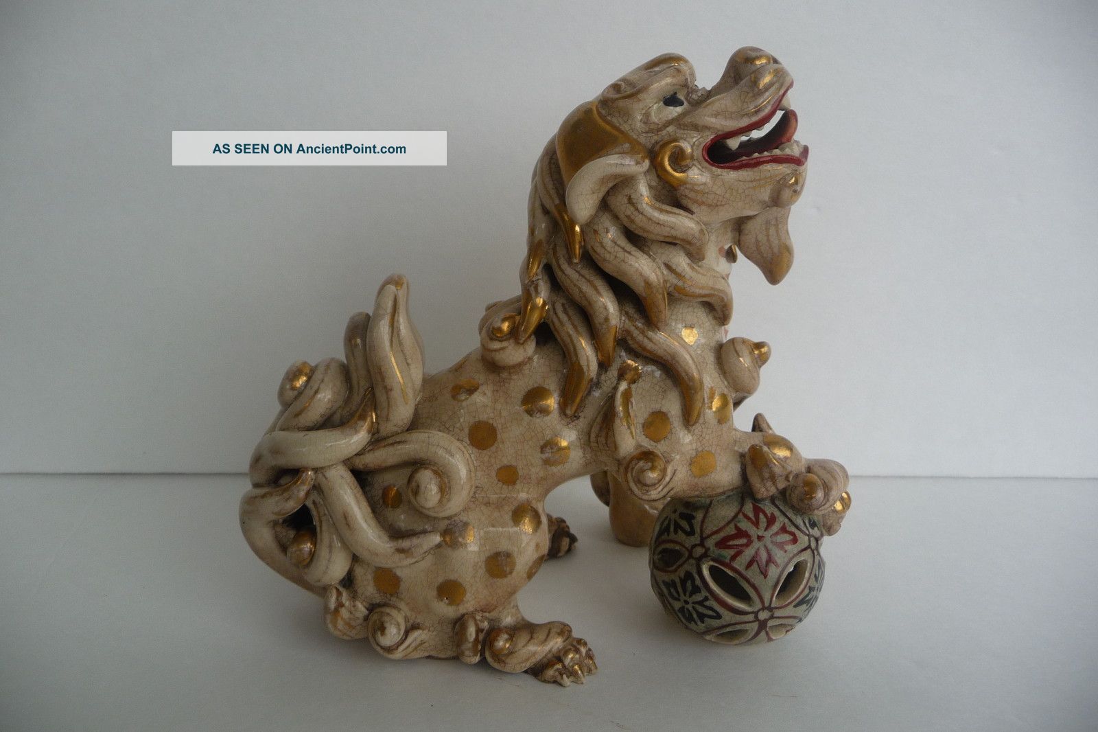 Antique Late 19thc Japanese Satsuma Foo Dog W/ Ball Gilt Pottery Figure Statues photo