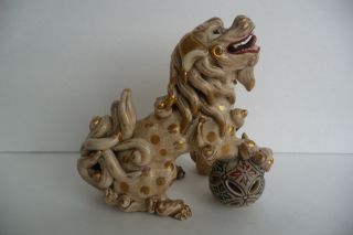 Antique Late 19thc Japanese Satsuma Foo Dog W/ Ball Gilt Pottery Figure photo