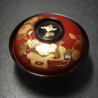 F649: Japanese Old Lacquer Ware Covered Bowl With Fantastic Refined Makie 7 photo