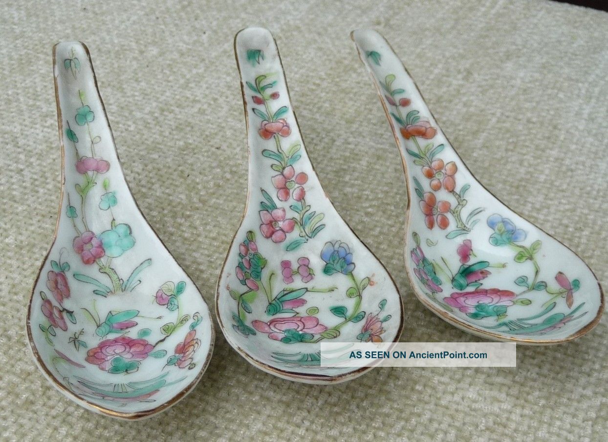 Set Of 3 Antique 19thc Chinese Famille Rose Spoons - Signed Reign Mark Other photo