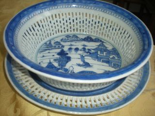 Antique 19th C Rare Chinese Export Blue Canton Reticulated Basket Bowl & Stand photo