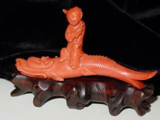 Antique Chinese Coral Figure Boy With Dragon Sea Serpent Fish photo