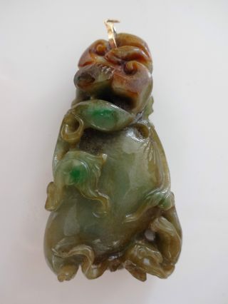 Antique Chinese Carved Jade Jadeite Pendant 10k Gold,  Qing Dynasty 19th Century photo