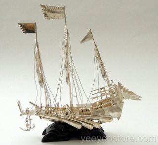 Large Chinese Export Solid Silver War Ship - Junk/sailboat Figure photo