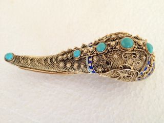 Antique Big G.  Sterling Silver Filigree Enameled Turquoise Elephant Head Brooch photo