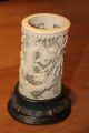 Chinese Cantonese 19th Cent Antique Carved Cow Bone Cylinder With Wood Stand, Other photo 1